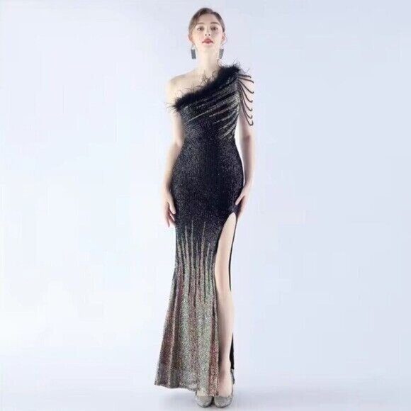 Black, One Shoulder Beaded, Gradient , Feather Neckline, Sequined Mermaid Gown - Picture 15 of 16